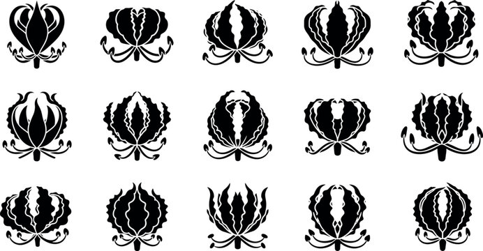 Collection of black gloriosa lily flower silhouettes on white background