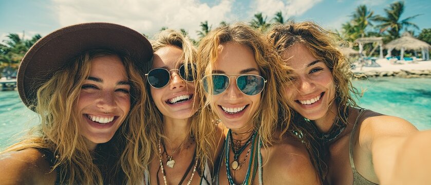 Smiling, pretty slim, happy women friends posing on summer tropical beach trip