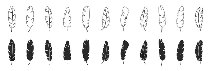 Feather icon set, bird plume and quill symbols, nature decorative elements, silhouette shapes on transparent background © SunnyScrap