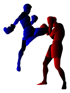 Silhouette of two Muay Thai fighters in action, featuring a blue fighter performing a flying knee strike against a red fighter on a white background.