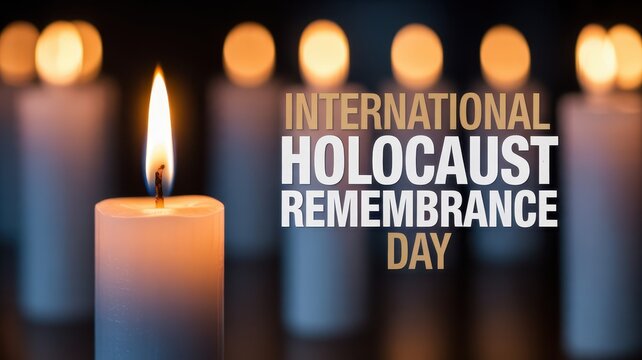 International Holocaust Remembrance Day memorial with burning candles on dark background