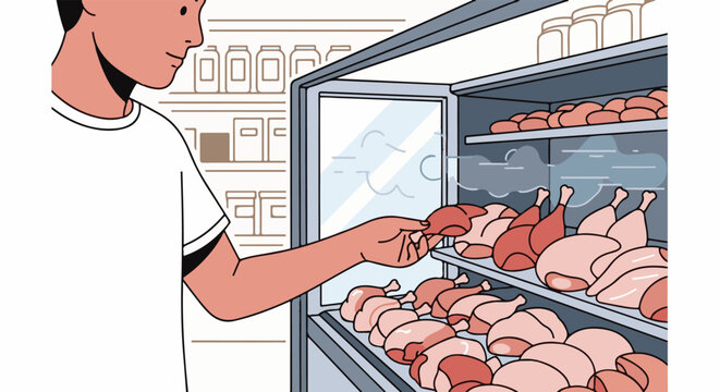 Person selecting raw chicken from a refrigerated display case in a store