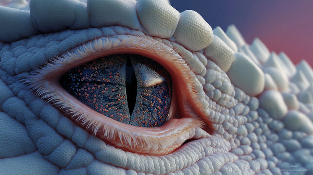 Extreme macro of mythical creature's eye with speckled iris and long lashes, detailed white reptilian scales