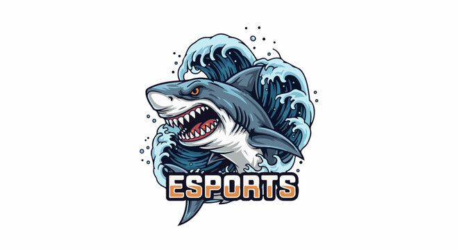 Fierce shark with open jaws surges through ocean waves, an esports emblem