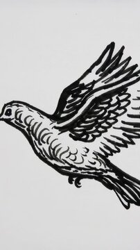 Vertical video: Advancing frames showing ink bird refining feathers on paper with brush strokes