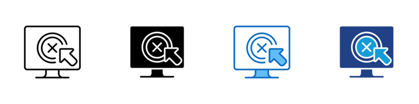 Click Error Multiple Style Icon Design Vector - Screen with cross target and cursor representing failed interaction, invalid click, and user input error