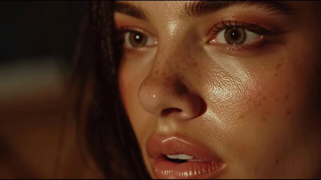 Beautiful freckled woman with glossy skin opening her eyes in a warm, cinematic light, showcasing natural beauty and skincare concepts in a dramatic close up portrait