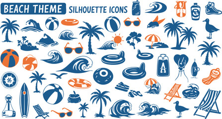 Fototapeta premium Beach theme silhouette icons set illustration with vacation elements
