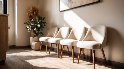 Obraz premium Sunlit minimalist corner with beige chairs, soft shadows from late afternoon light, trio of midcentury seating with wooden legs, woven upholstery, dried pampas in vase, textured rug, calm serene mood