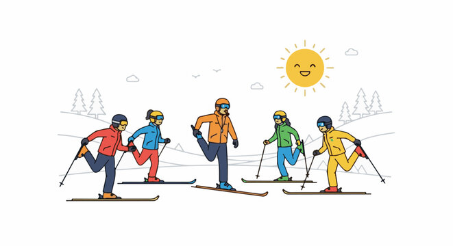 Sunny day ski lesson with a group of skiers doing warm-up exercises