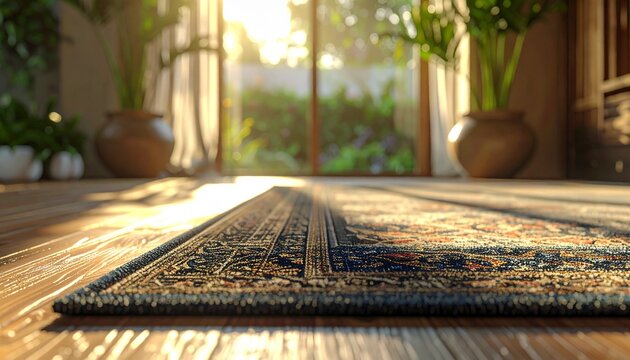 Sunlit Interior - A Detailed View of a Rug on Wooden Floor.