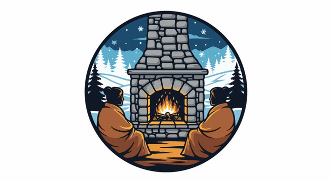 Cozy winter scene with two figures warming by a stone fireplace at night