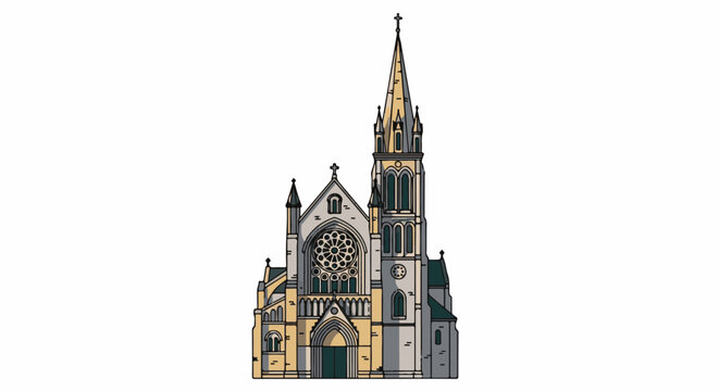 Ornate Gothic cathedral with towering spire, rose window, and arched doorways