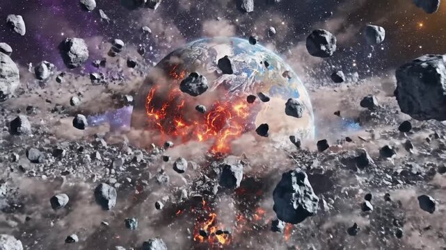 Planet Earth breaking apart with fiery core in deep space