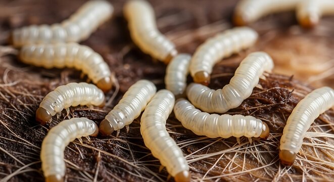 Close-up of Wax Worms on a Dark Surface.