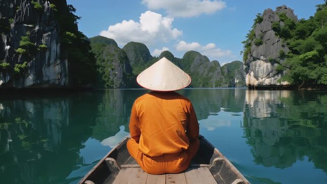 Enjoying a boat ride in Halong Bay with beautiful views and clear water on a sunny day
