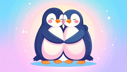 Obraz premium Cute Penguin Couple Hugging for World Penguin Day, Romantic Penguins Illustration on Soft Pastel Background