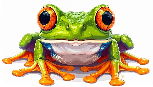 Vibrant Red-Eyed Tree Frog with Striking Orange Feet Illustration.