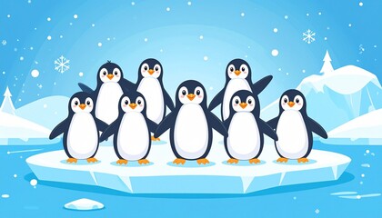 Fototapeta premium World Penguin Day Illustration with Cute Penguin Family, Happy Penguins in Arctic Snow Background for Conservation Concept