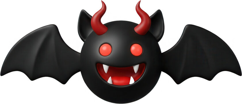 A playful black cartoon character with red devil horns glowing red eyes sharp white fangs and spread bat wings presented frontally demon monster creature halloween spooky