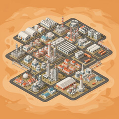Obraz premium Isometric view of a sprawling industrial complex with various factories, warehouses, and infrastructure.