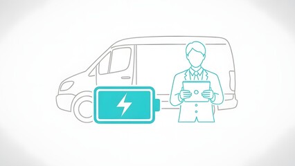 Fototapeta premium Electric Vehicle Charging Man Using Tablet Near Van in Modern Urban Environment