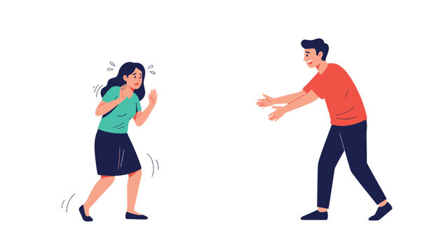 Fearful woman backing away with panic from an overly enthusiastic man who is reaching out toward her in an unwanted social interaction.