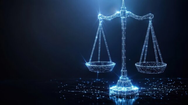 Glow of digital wireframes representing cyberlaw and governance, Bright neon wireframes emulate cyberlaw enforcement and artificial intelligence oversight in dark studio environment