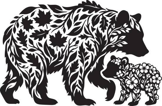 Bear silhouette with autumn leaves and spring flowers