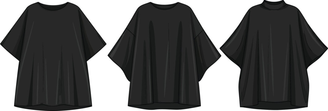 Three black kaftans a fashion silhouette display on a white background