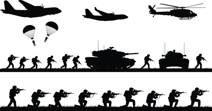 Military operation silhouette, soldiers with rifles, tanks advancing, helicopter, paratroopers descending, aircraft transport, combat teamwork, army vector illustration, battlefield coordination, war