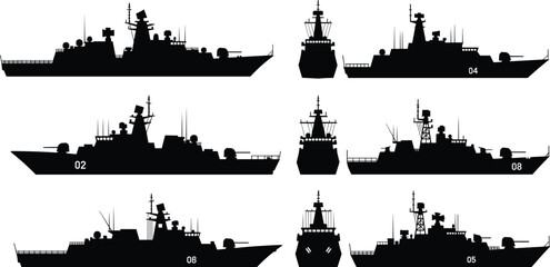 Naval warship silhouettes, military vessels illustration, side and front views, defense equipment, navy fleet concept, maritime security, armed forces © MstGeasmin