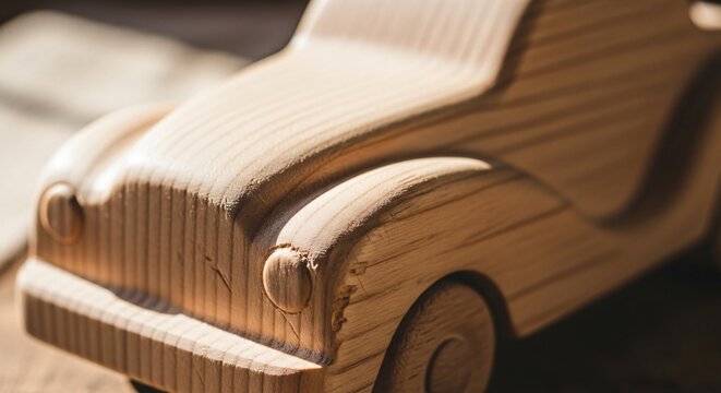 Handcrafted wooden toy car with smooth finish detailed grill round headlights and visible wood grain texture in warm light