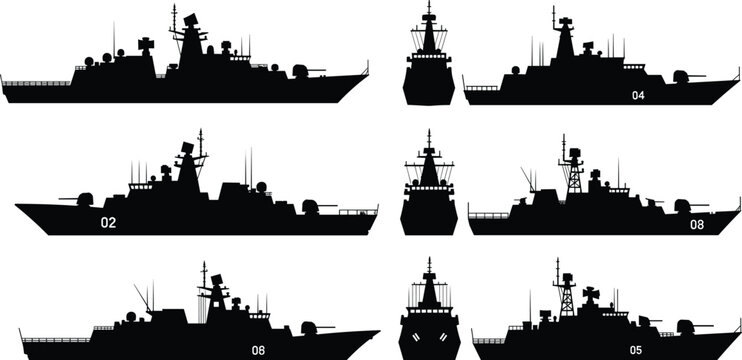 Naval warship silhouettes, military vessels illustration, side and front views, defense equipment, navy fleet concept, maritime security, armed forces