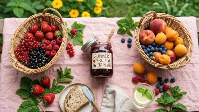 an overhead view of a cheerful arrangement featuring the jam jar and fruit baskets, creating a dynamic composition. the pastel pink tablecloth and summer fruits form an