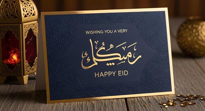 Wishing you a very Happy Eid card with intricate Arabic calligraphy and a lantern for festive celebrations