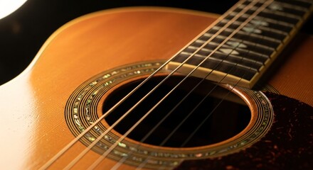 Fototapeta premium Acoustic guitar close-up with sound hole and strings showcasing the warm wood grain and inlaid rosette in detailed studio shot