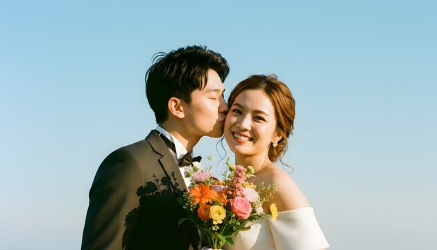 青空の下で花束を抱え微笑む日本人カップルのウェディングフォト