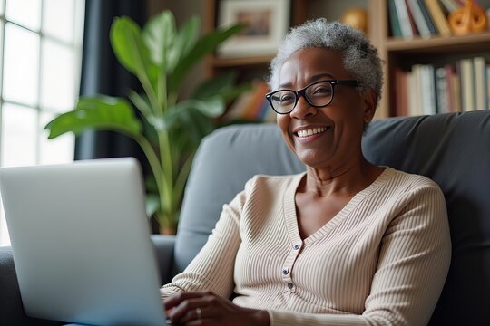 Elderly African American woman smiling on couch during virtual webinar from home