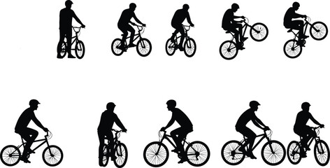 Naklejka premium Collection of BMX rider silhouettes performing cycling actions, man riding bicycle set, extreme sport motion poses, black vector illustration isolated on white background