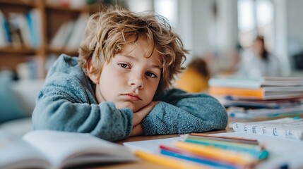 Tired boy resting head on desk while homeschooling. A symbol of academic burnout, neurodiversity in education, and the mental load of remote learning for children.