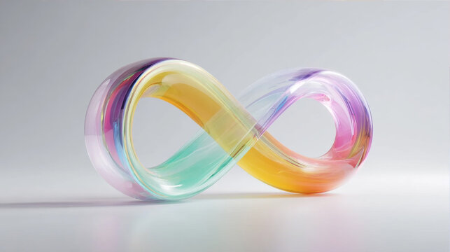 Colorful iridescent glass infinity symbol 3D render on white background