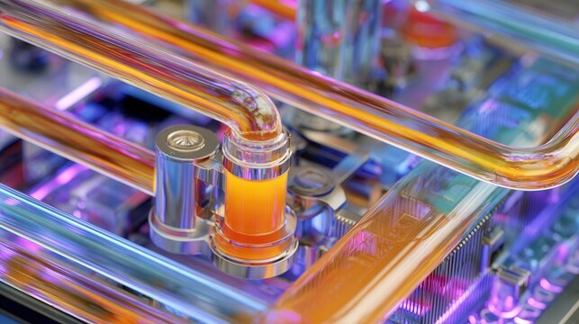 Prototype test setup with fluid flow. Engineering validation of coolant system setup. Experimental scene showing amber liquid passing through valves and measurement devices for validation