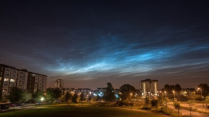 Obraz premium Glowing Tower Emerging from a Blue Cloud Formation at Night.