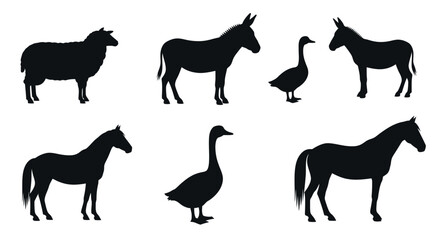 Obraz premium Farm animals silhouettes set, domestic livestock collection
