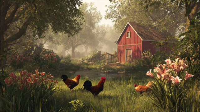 Idyllic rural scene with roosters and red barn nestled amongst lush greenery flowers. Serene farm landscape unfolds with roosters strutting near charming red barn, surrounded by vibrant flowers trees