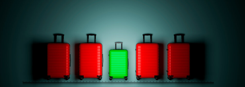 Green carry-on suitcase stands out among red luggage, showing hand luggage size