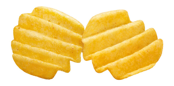 Two delicious ridged potato chips close-up, isolated on cutout transparent background
