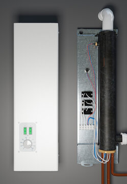 Modern electric water heater with exposed internal components and temperature control dial