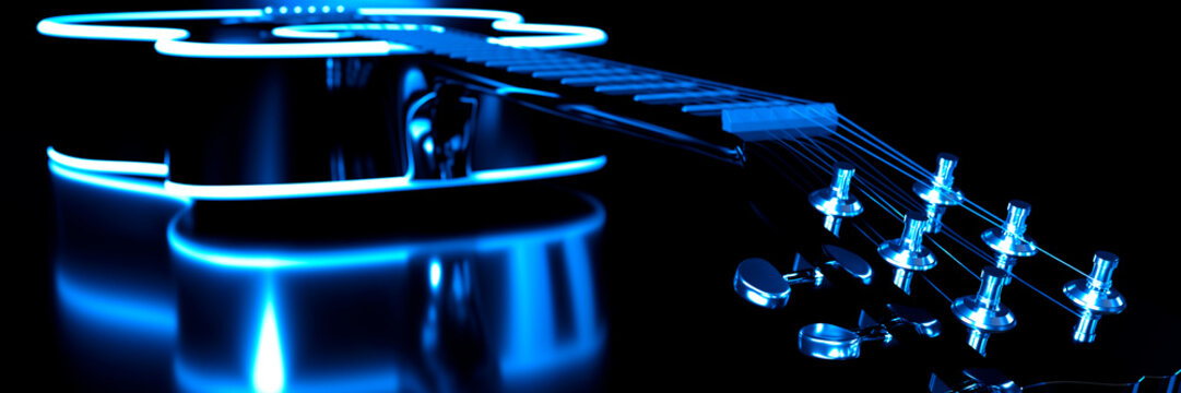 Electric guitar with glowing blue neon lights on a dark background